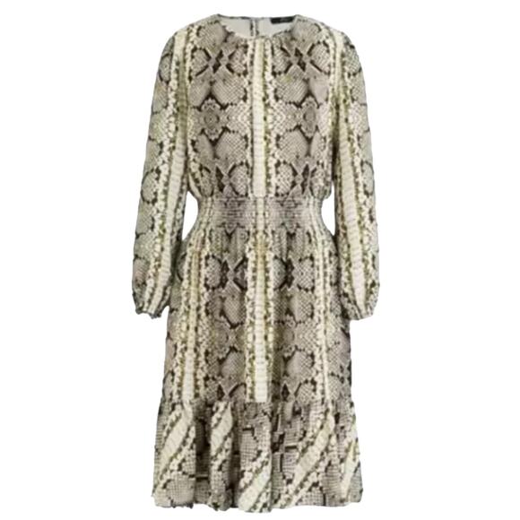 J. Crew Snake Skin Print Smocked Waist Dress Sheer Sleeves‎ Size Medium - Picture 1 of 11